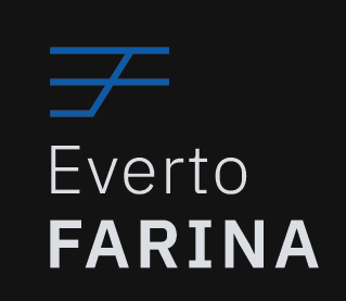 Logomarca Everto Farina, com fundo preto e escrito amarelo e amarelo.